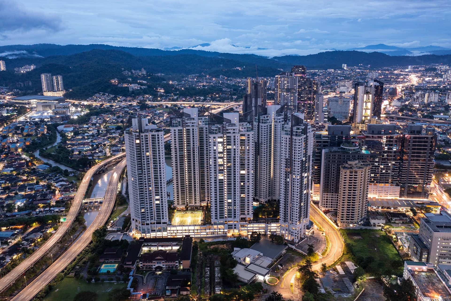 Aerial view of D'Rapport Residences five towers on Embassy Row, Ampang Hilir, Kuala Lumpur